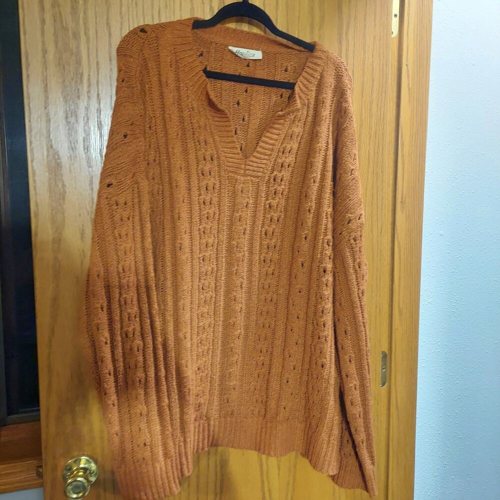 Haptics From The Top Cable Knit Knotched Neckline Sweater In Rust 3x plus